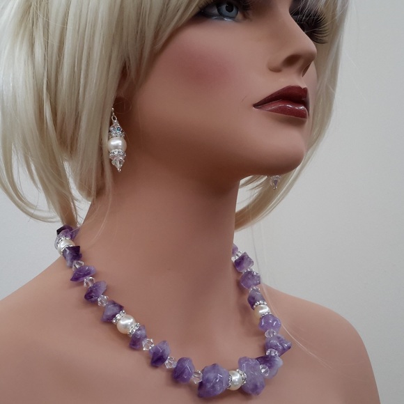NWT Amethyst and Swarovski Pearls Necklace Set - Picture 5 of 7
